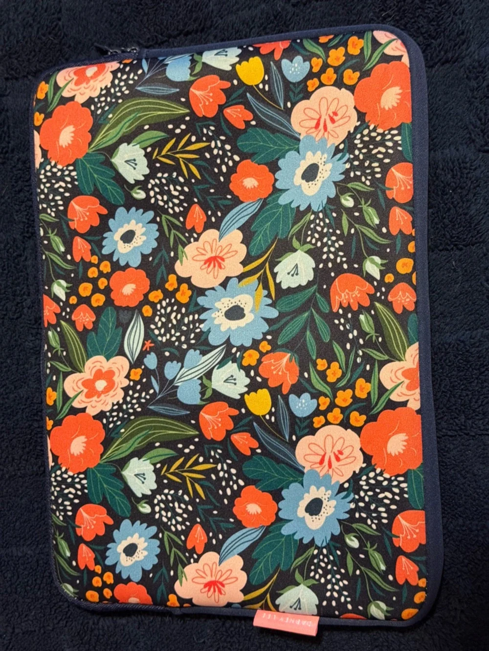 Dabney Lee 14” Laptop Sleeve Navy Floral Sleeve with Coral, Sky Blue & Teal.